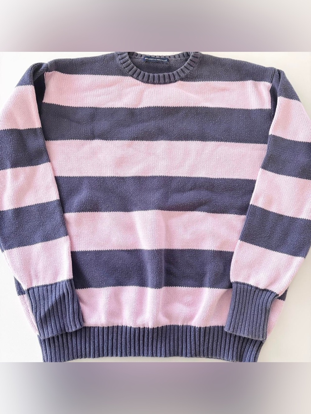Brandy Melville Pink and Gray Striped Crew Sweater